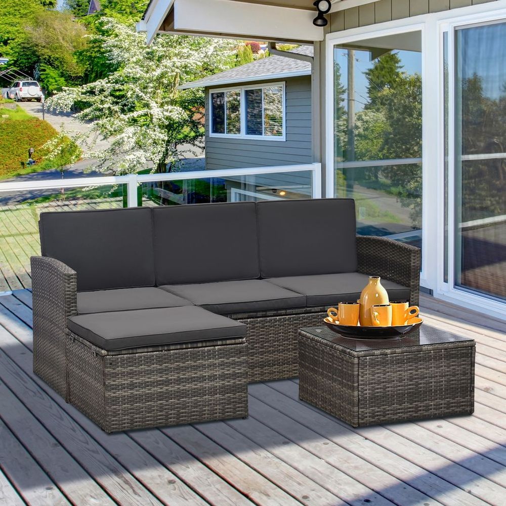 3PC Outdoor Patio Furniture Set Wicker Rattan 3 - Seater Sofa Chair Couch Grey - SILVIONIX