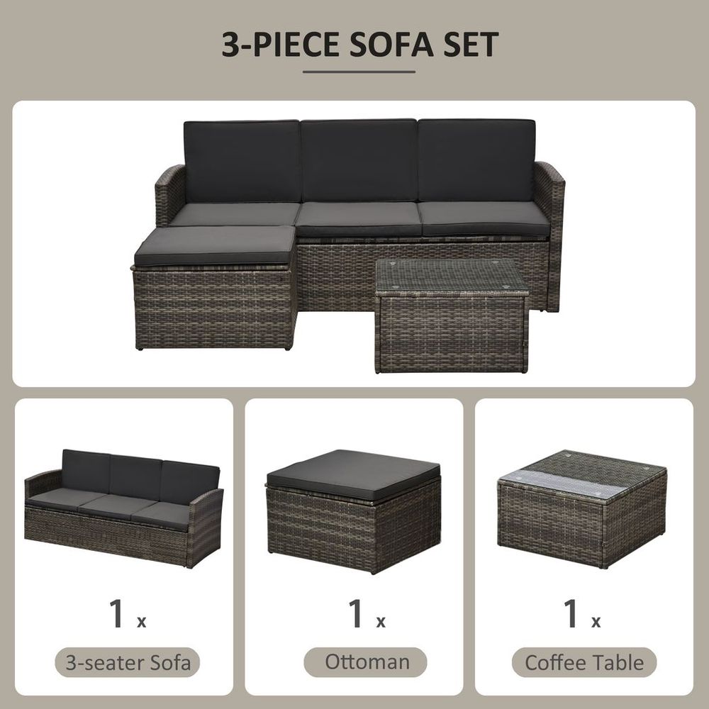 3PC Outdoor Patio Furniture Set Wicker Rattan 3 - Seater Sofa Chair Couch Grey - SILVIONIX