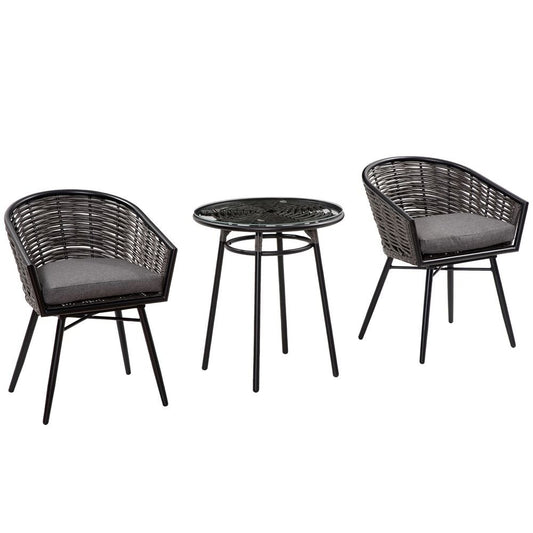 3Pc Rattan Bistro Set, Patio , w/ 2 Chairs & 1 Coffee Table , Grey - SILVIONIX