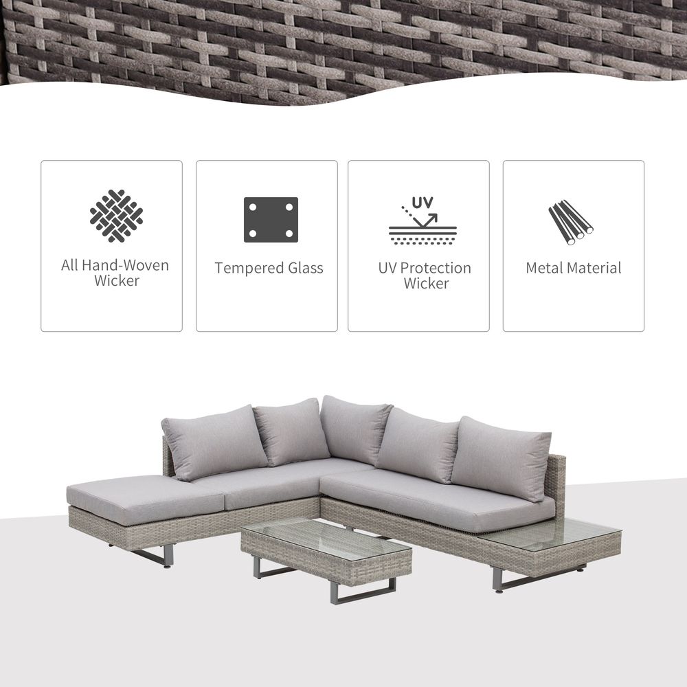 3pc Rattan Sofa Set Lounge Furniture Tea Table, Side Table & Cushioned Grey - SILVIONIX