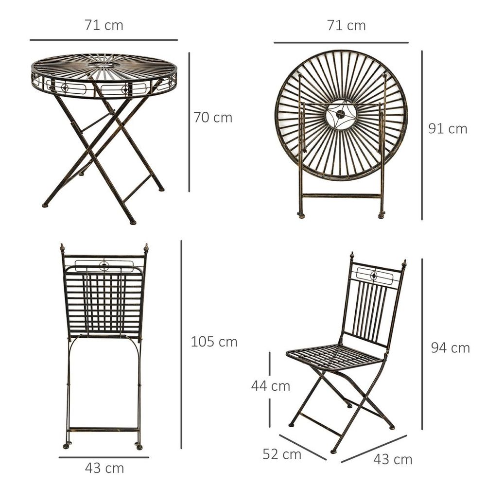 3PCs Garden Bistro Set with 2 Folding Chair and 1 Table, Bronze - SILVIONIX