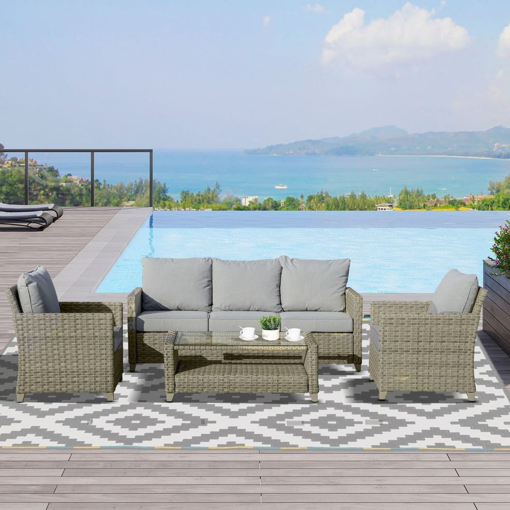 4 PCS Patio PE Rattan Sofa Set, Outdoor Conversation Furniture Set - SILVIONIX