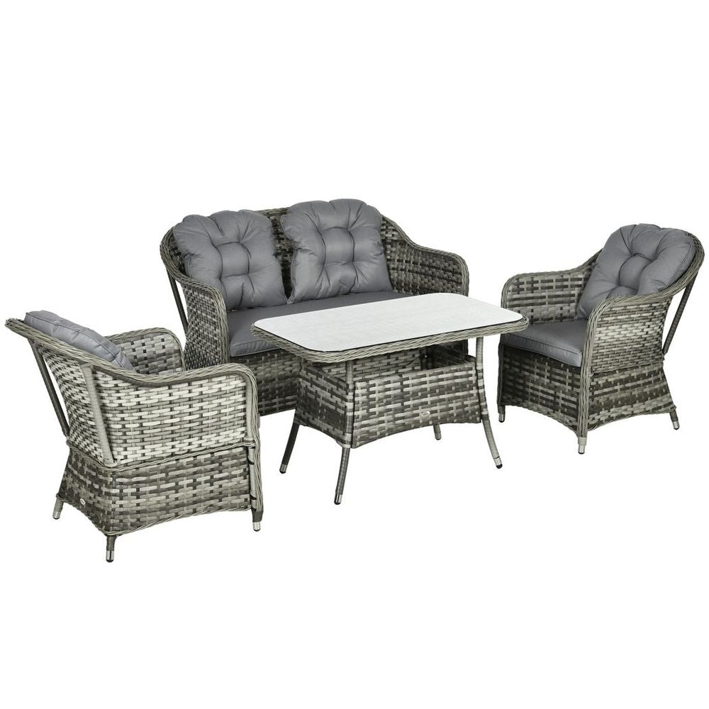 4 PCS Rattan Garden Furniture, Padded Conversation Sofa Set w/ Glass Top Table - SILVIONIX