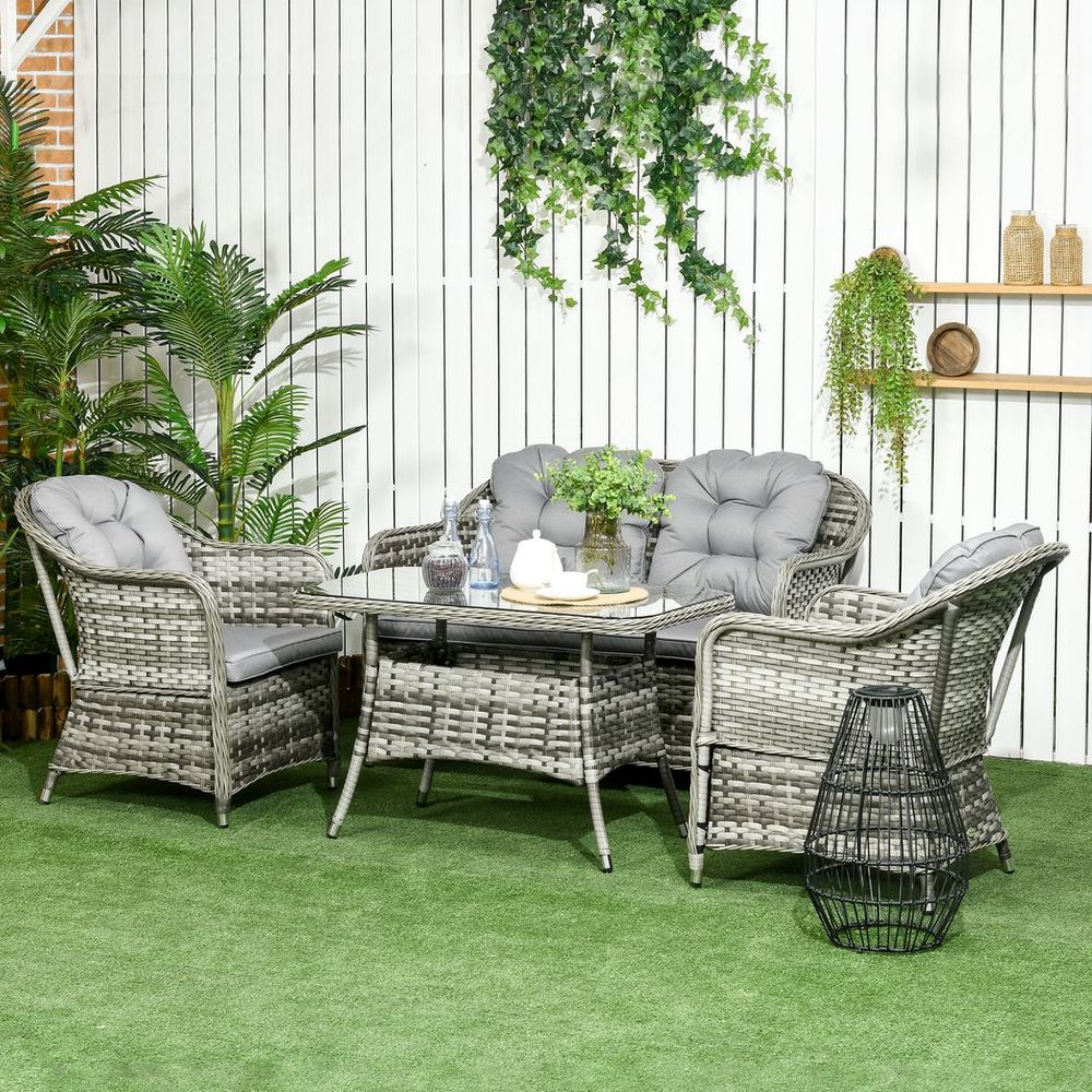 4 PCS Rattan Garden Furniture, Padded Conversation Sofa Set w/ Glass Top Table - SILVIONIX