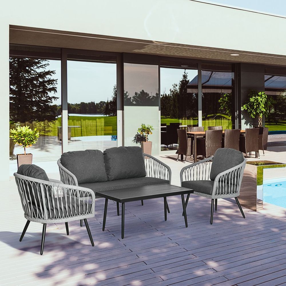 4 Piece Rattan Patio Sofa Set w/ 2 Sofa 1 Loveseat & Coffee Table - SILVIONIX