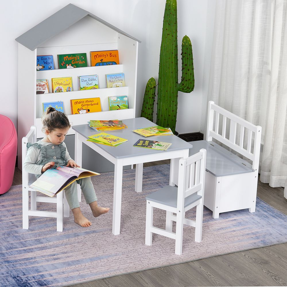 4 - Piece Set Kids Wood Table Chair Bench Storage Function for 3 Years+ HOMCOM - SILVIONIX