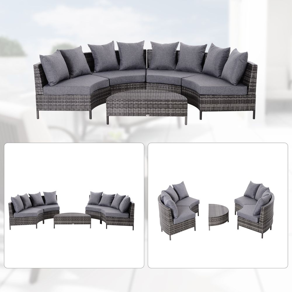 4 - Seater Half Moon Shaped Rattan Outdoor Garden Furniture Set Grey - SILVIONIX