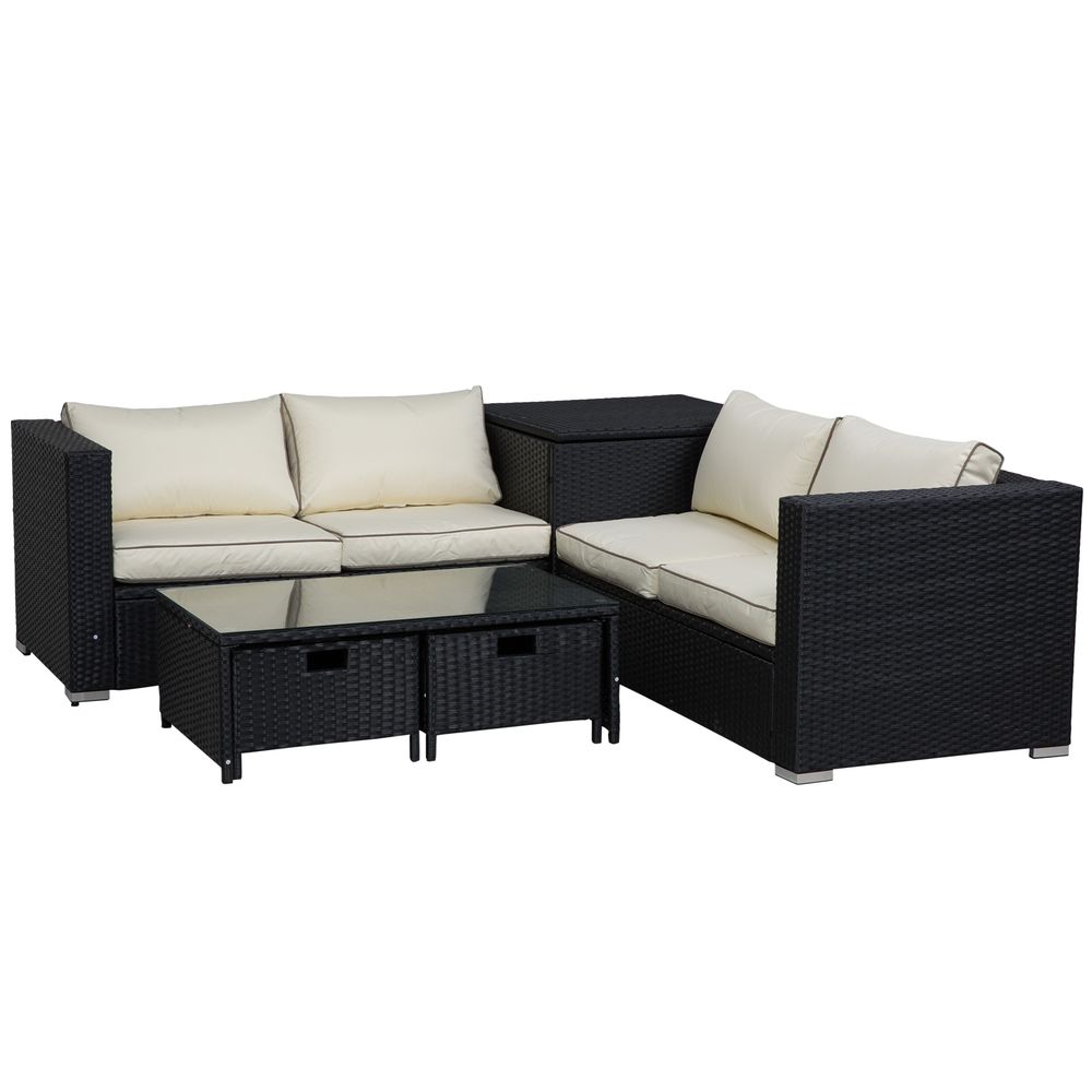 4 - Seater Rattan Wicker Garden Patio Sofa Storage & Table Set Black - SILVIONIX