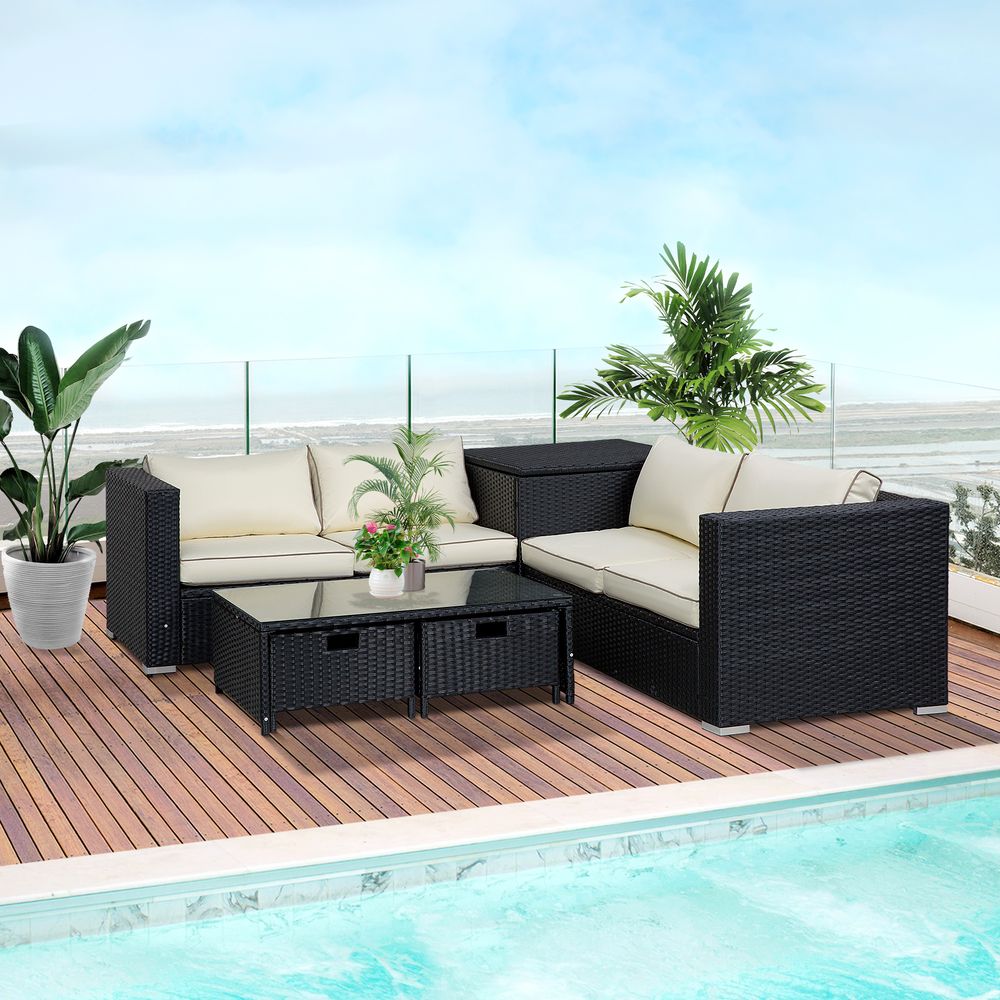 4 - Seater Rattan Wicker Garden Patio Sofa Storage & Table Set Black - SILVIONIX