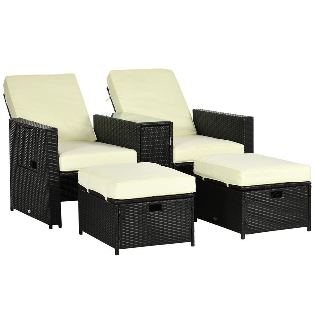 5 - level Adjustable Rattan Sun Lounger w/ Storage Tea Table & Footstools, Balck - SILVIONIX