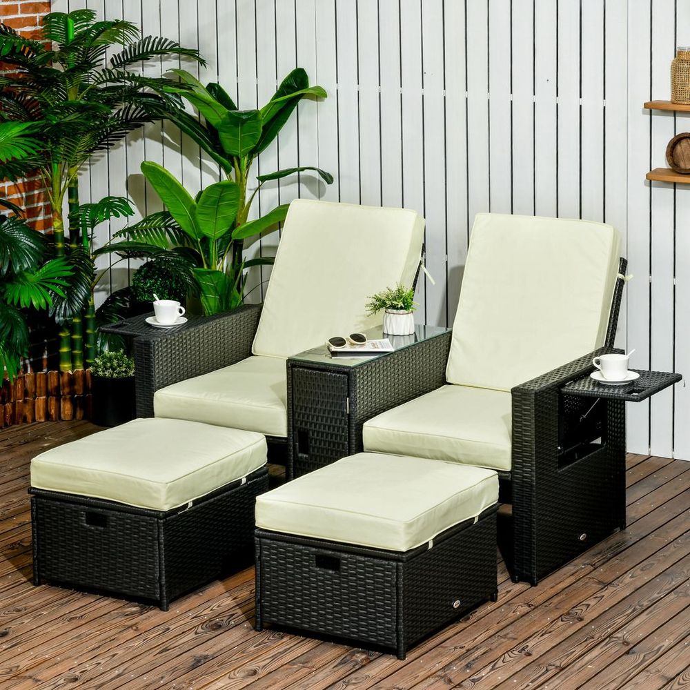 5 - level Adjustable Rattan Sun Lounger w/ Storage Tea Table & Footstools, Balck - SILVIONIX