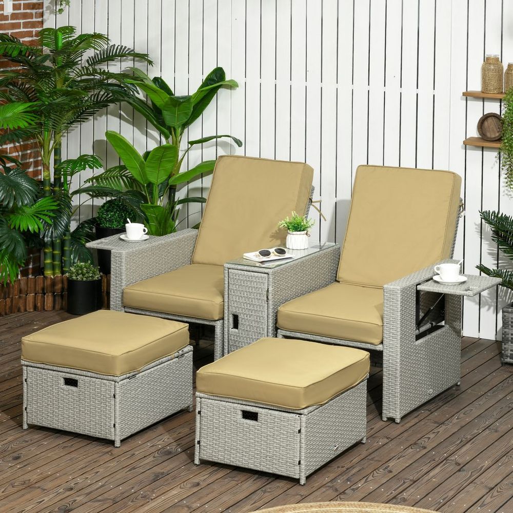 5 - level Adjustable Rattan Sun Lounger w/ Storage Tea Table & Footstools, Beige - SILVIONIX