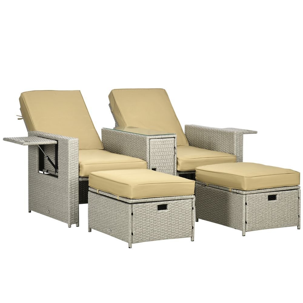 5 - level Adjustable Rattan Sun Lounger w/ Storage Tea Table & Footstools, Beige - SILVIONIX