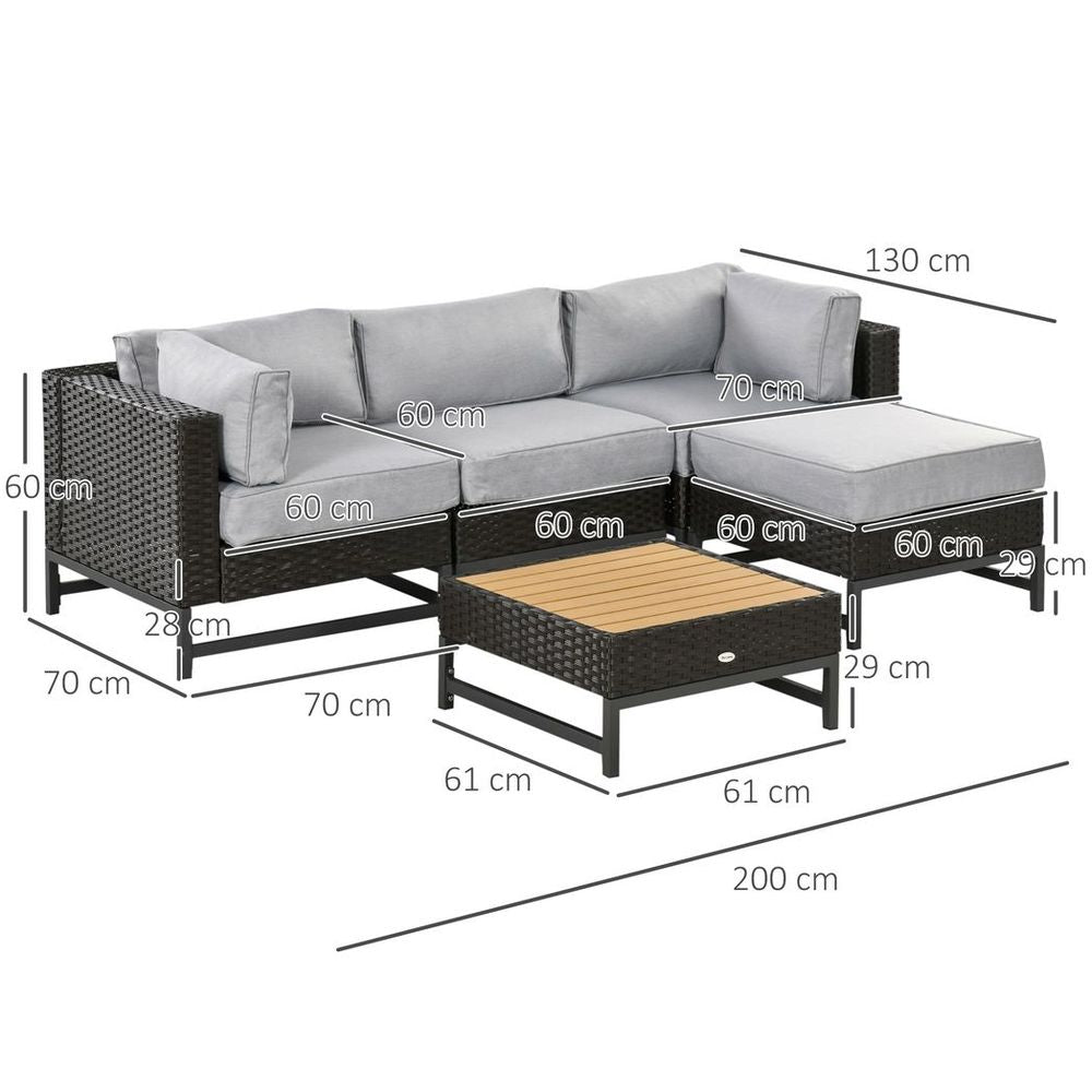 5 PCS Rattan Corner Sofa, Rattan Garden Furniture Wood Grain Plastic Top Table - SILVIONIX