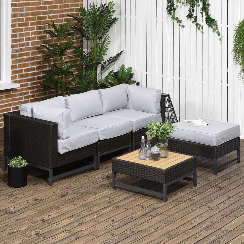 5 PCS Rattan Corner Sofa, Rattan Garden Furniture Wood Grain Plastic Top Table - SILVIONIX