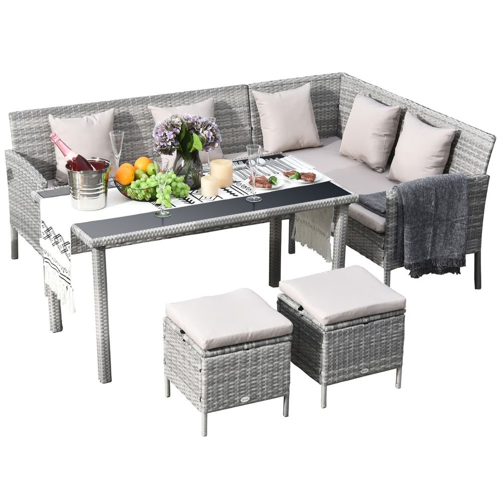 5 Pcs Rattan Wicker Furniture Patio Dining Table Stool Chaise Lounge Set - SILVIONIX