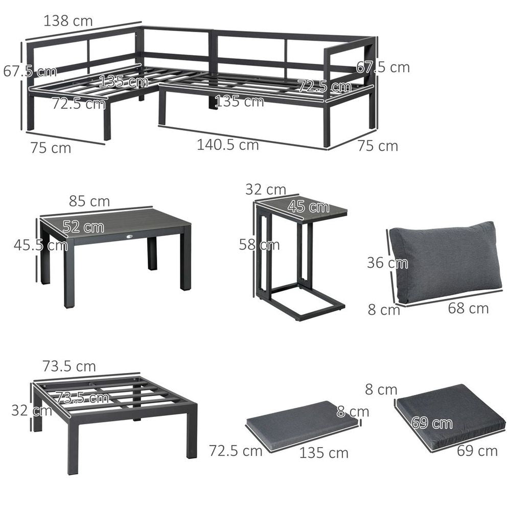 5 - Piece Corner Garden Furniture Set w/ 2 Tables, Grey Aluminium Frame - SILVIONIX