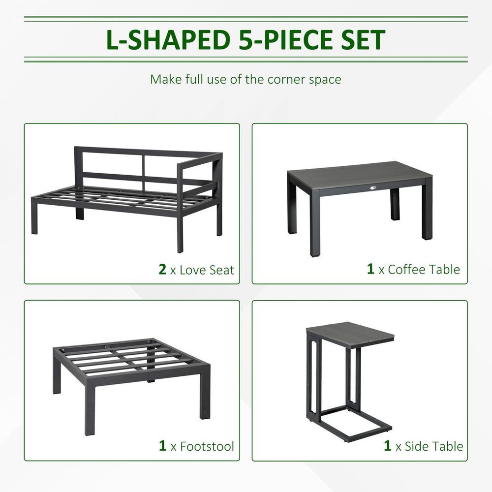 5 - Piece Corner Garden Furniture Set w/ 2 Tables, Grey Aluminium Frame - SILVIONIX