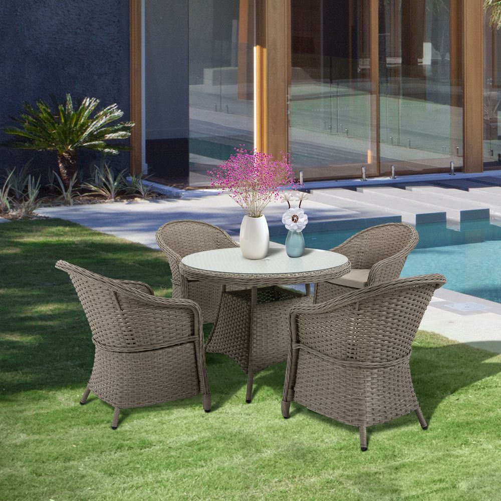 5 Pieces Outdoor Patio PE Rattan Dining Set, Four Seater , Grey - SILVIONIX