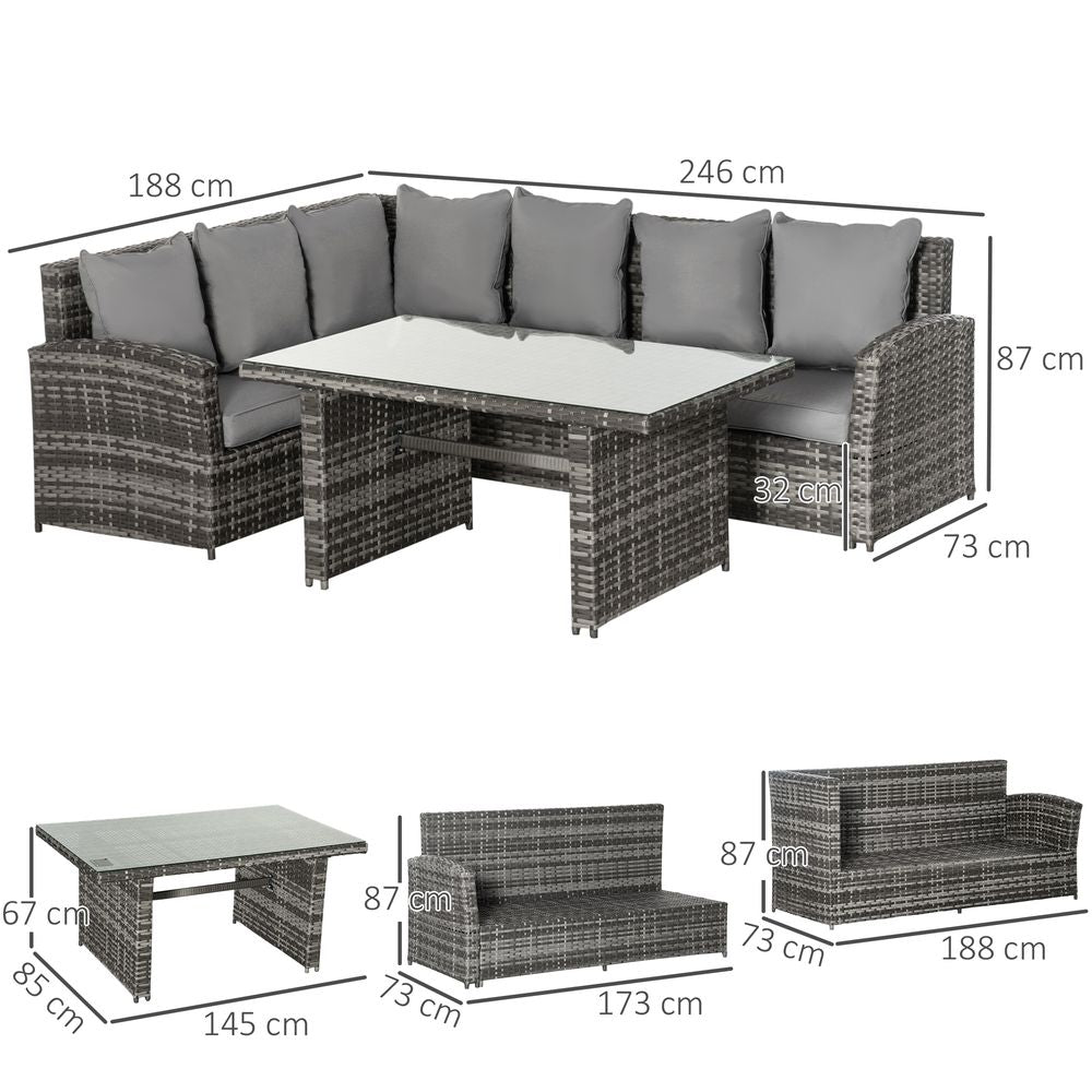 5 - Seater Patio Dining Table Sets All Weather PE Rattan Sofa Cushions Grey - SILVIONIX