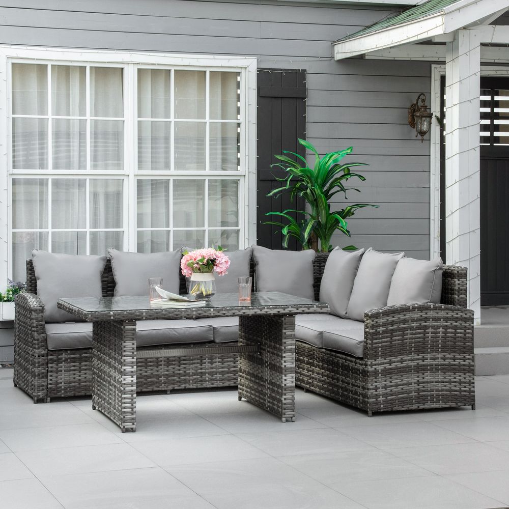 5 - Seater Patio Dining Table Sets All Weather PE Rattan Sofa Cushions Grey - SILVIONIX