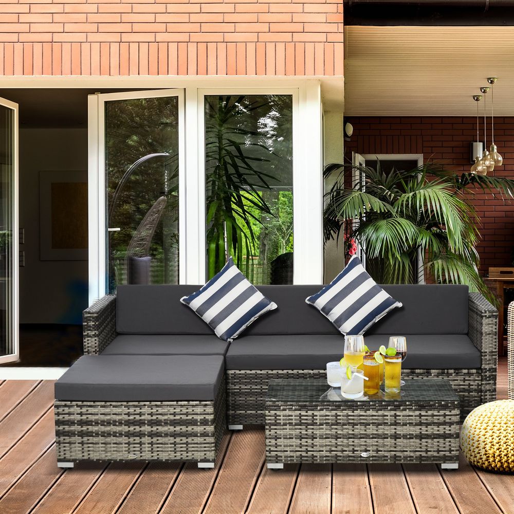 5PC Rattan Furniture Set Wicker Sofa Glass Tempered Tea Table & Cushion Pillows - SILVIONIX