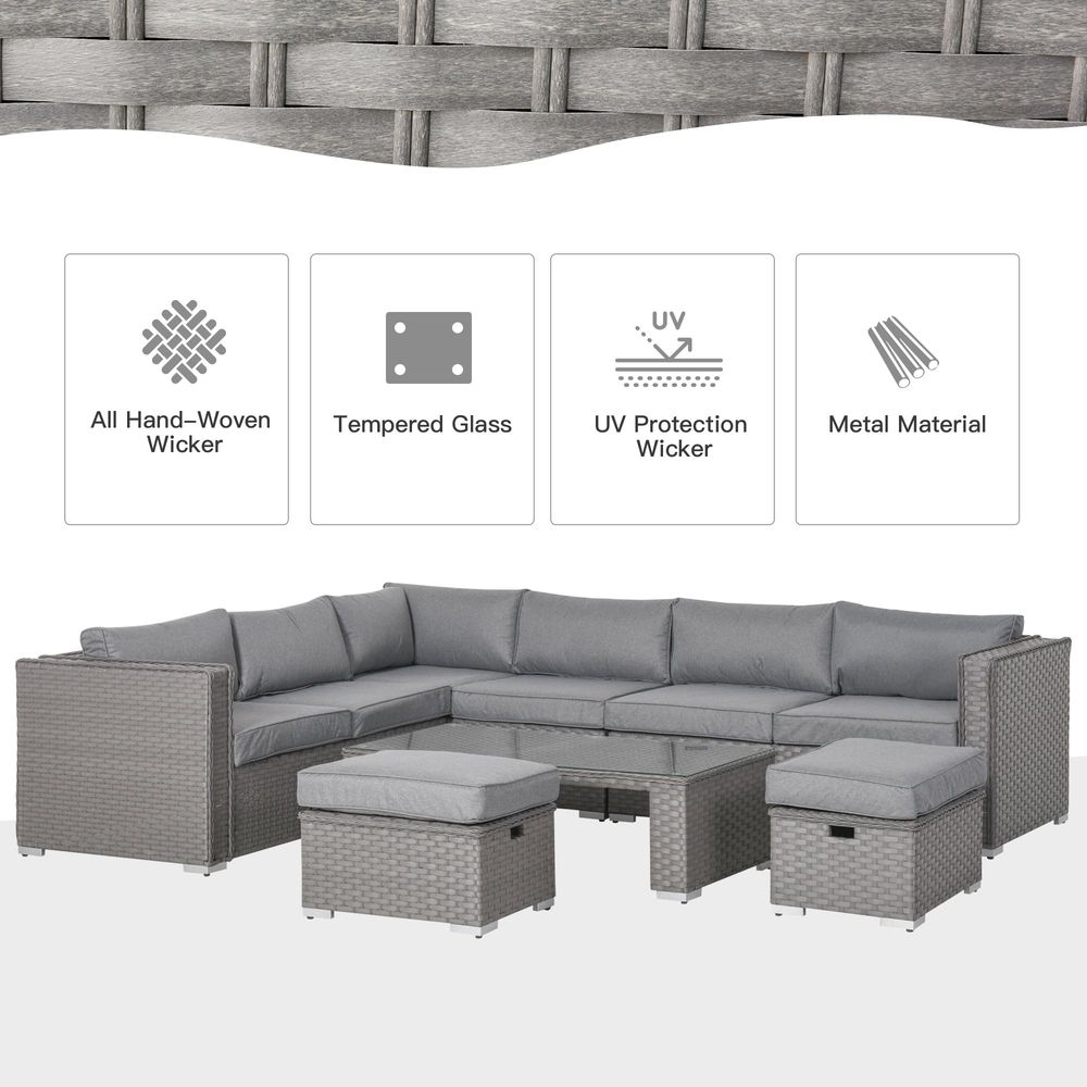 6 PCs PE Rattan Wicker Corner Sofa Set Coffee Table Footstool w/ Cushion - Grey - SILVIONIX