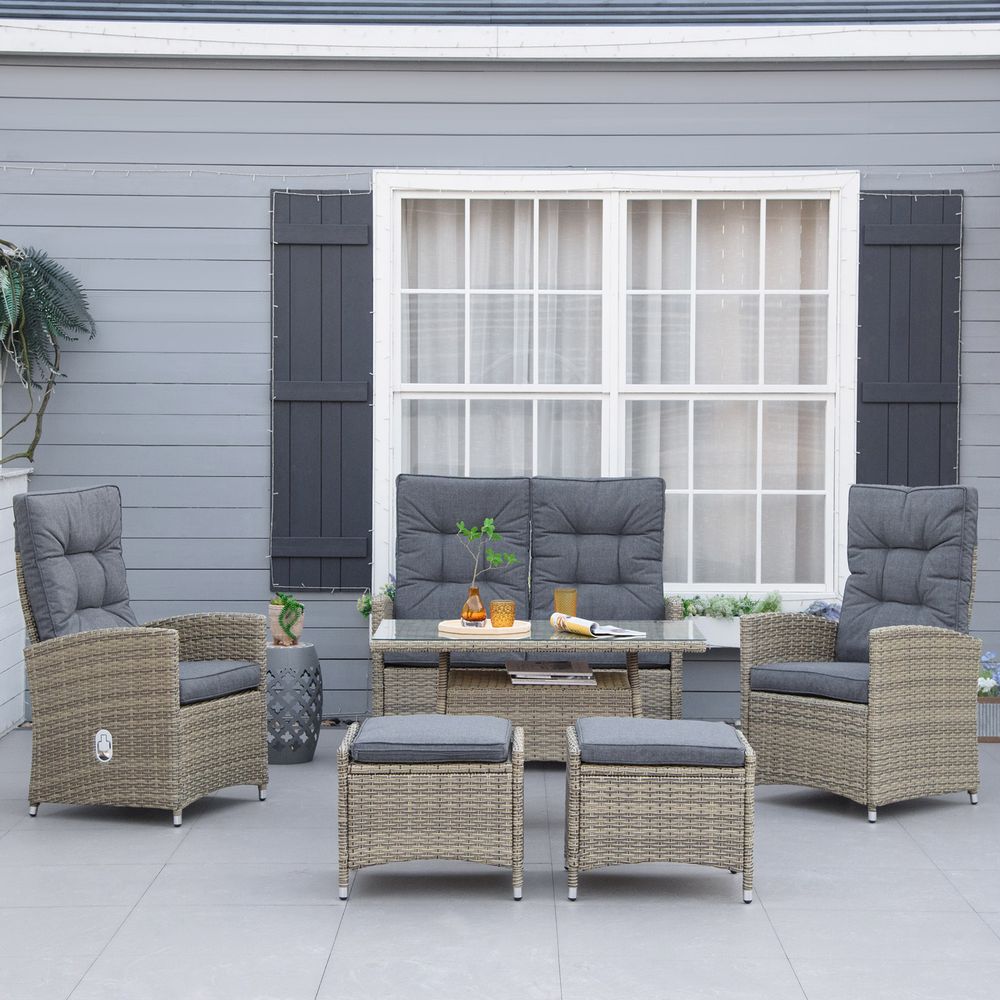 6 Pieces PE Rattan Dining Set, Tempered Glass Table Mixed Grey - SILVIONIX