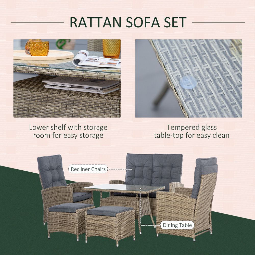 6 Pieces PE Rattan Dining Set, Tempered Glass Table Mixed Grey - SILVIONIX