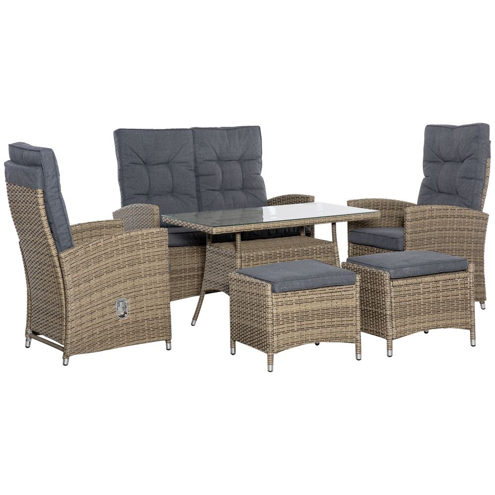 6 Pieces PE Rattan Dining Set, Tempered Glass Table Mixed Grey - SILVIONIX