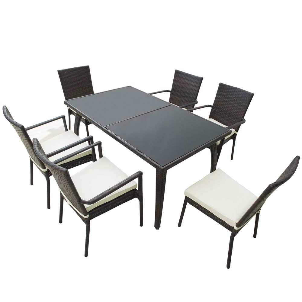 6 - Seater Brown Rattan Garden Furniture Tempered Glass Table - SILVIONIX