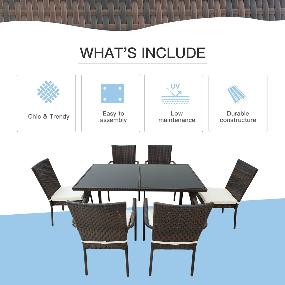 6 - Seater Brown Rattan Garden Furniture Tempered Glass Table - SILVIONIX