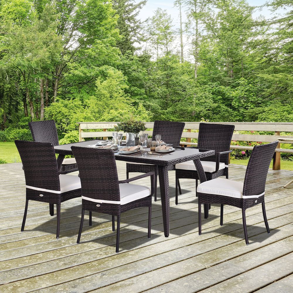 6 - Seater Brown Rattan Garden Furniture Tempered Glass Table - SILVIONIX