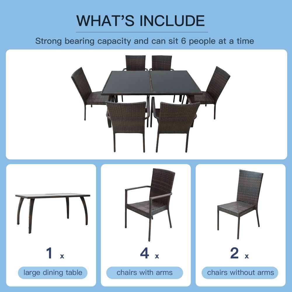 6 - Seater Brown Rattan Garden Furniture Tempered Glass Table - SILVIONIX