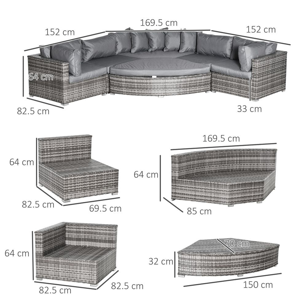 6 - Seater Rattan Sofa Set Half Round w/ Cushions Grey - SILVIONIX