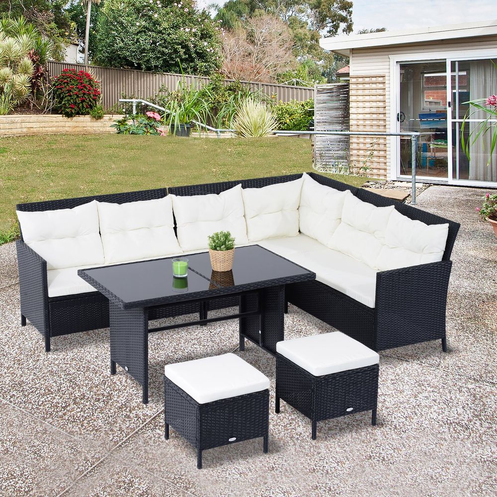 6PC Garden Rattan Corner Dining Sofa 7 - seater Wicker Table Foot Stool - SILVIONIX