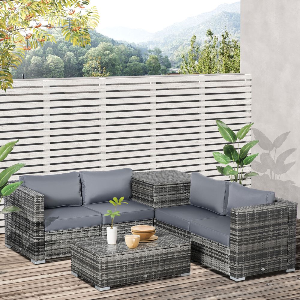 6PC Rattan Corner Sofa Set Table w/ Cushion Grey - SILVIONIX