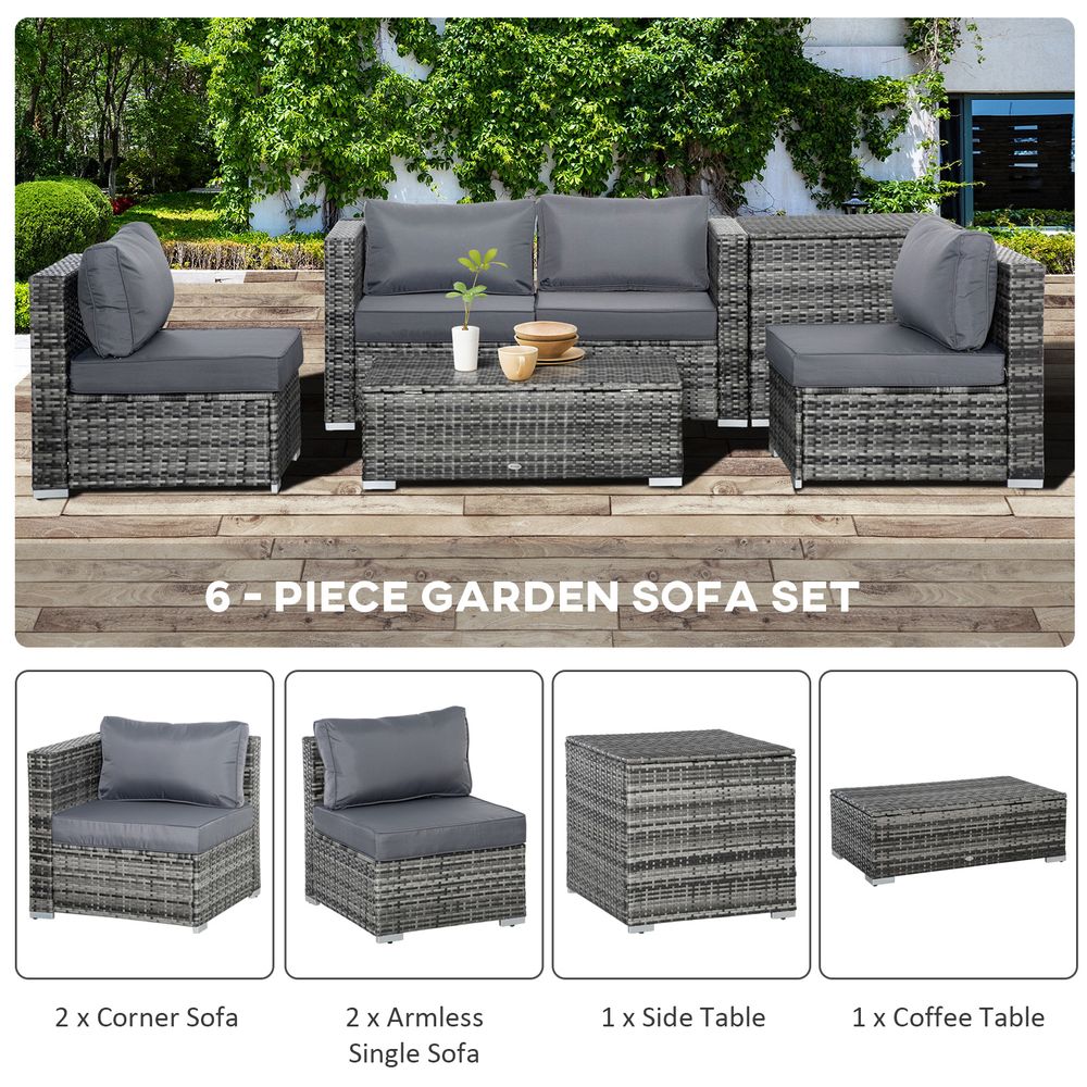 6PC Rattan Corner Sofa Set Table w/ Cushion Grey - SILVIONIX