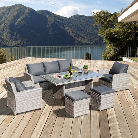 6Pcs Rattan Dining Set Sofa Table Footstool Outdoor w/ Cushion Garden Furniture - SILVIONIX