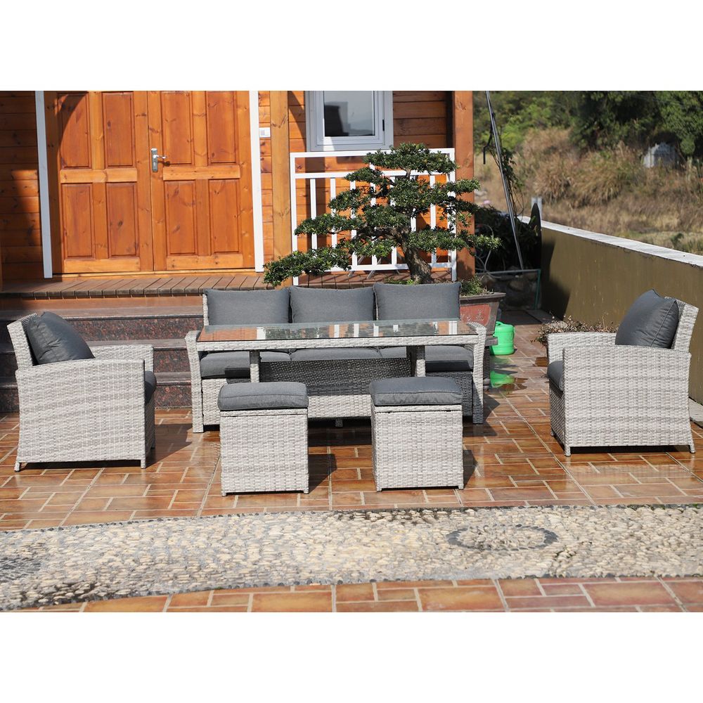 6Pcs Rattan Dining Set Sofa Table Footstool Outdoor w/ Cushion Garden Furniture - SILVIONIX