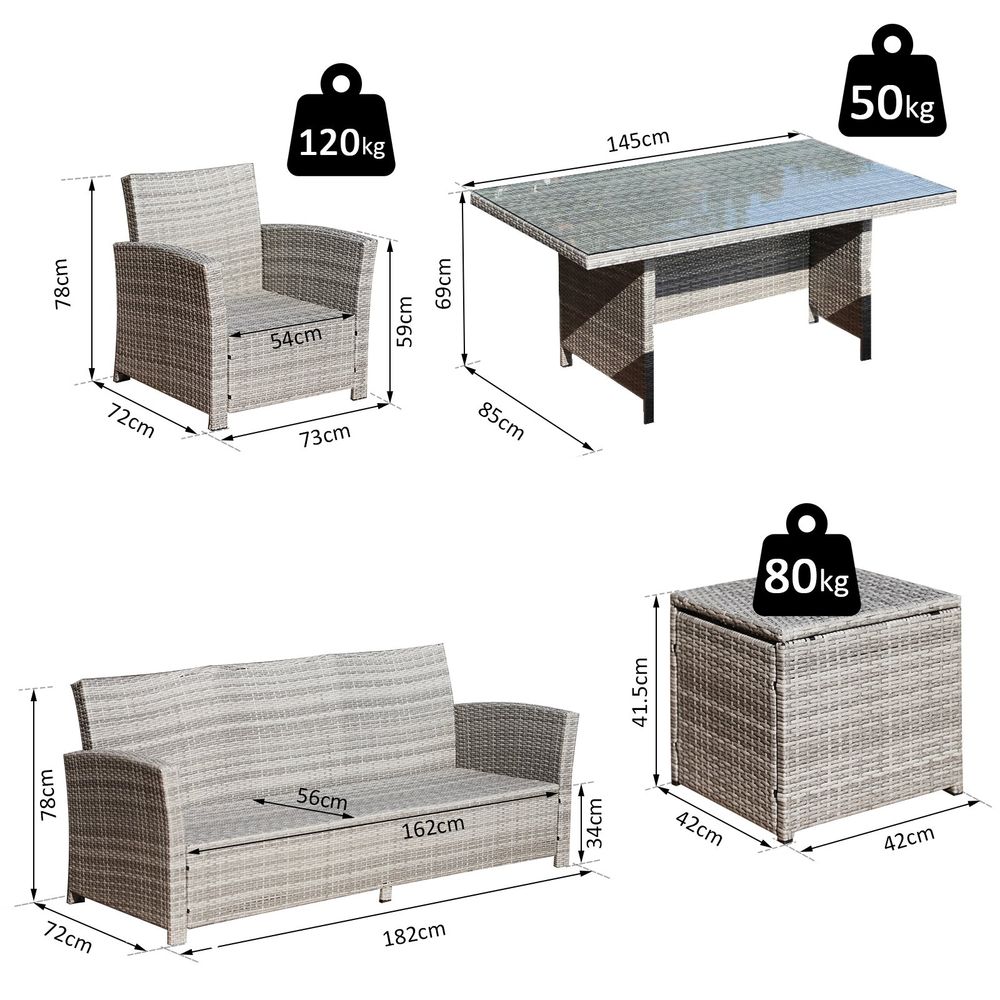 6Pcs Rattan Dining Set Sofa Table Footstool Outdoor w/ Cushion Garden Furniture - SILVIONIX