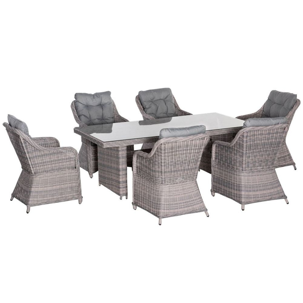 7 PCS Patio PE Rattan Wicker Dining Table Set Furniture w/ Tempered Glass - SILVIONIX