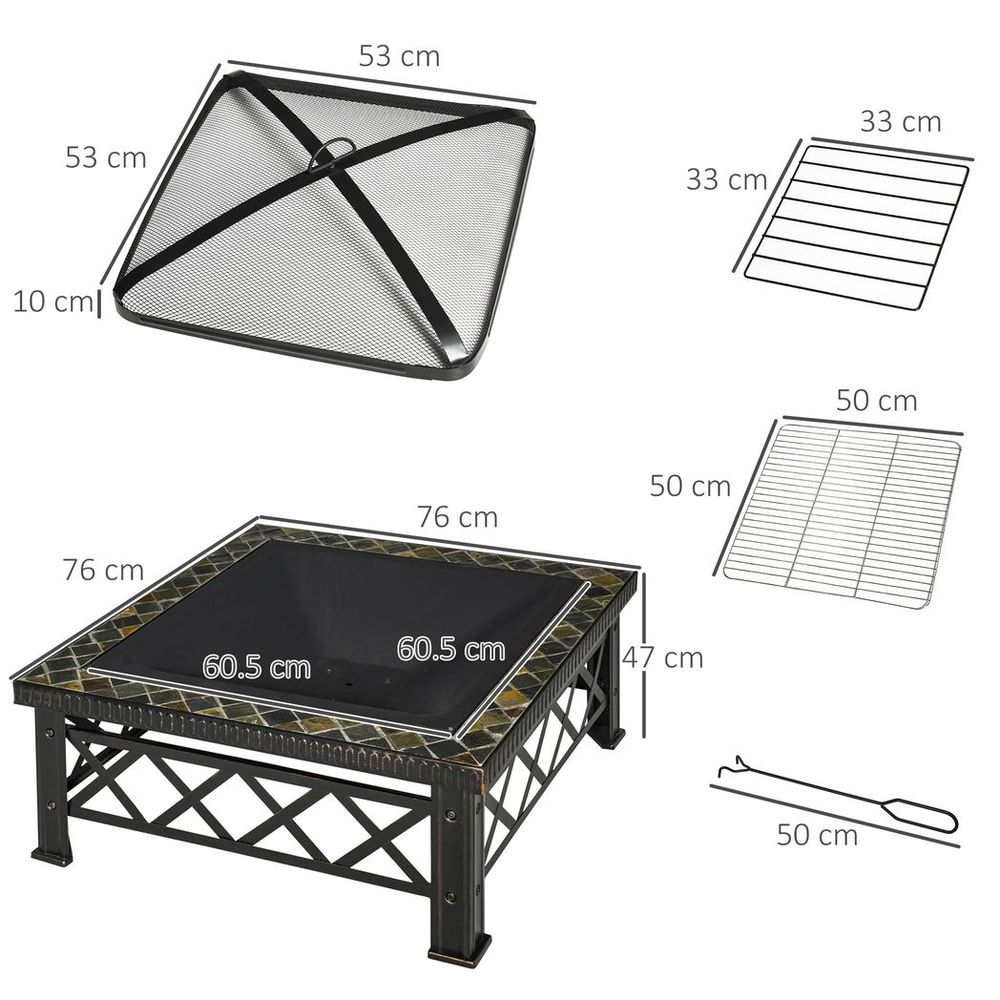 76cm Square Garden Fire Pit Square Table w/ Poker Mesh Cover Log Grate - SILVIONIX