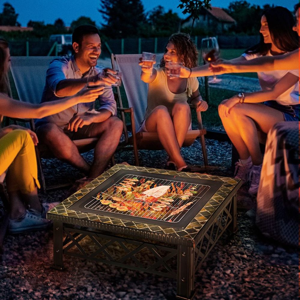 76cm Square Garden Fire Pit Square Table w/ Poker Mesh Cover Log Grate - SILVIONIX