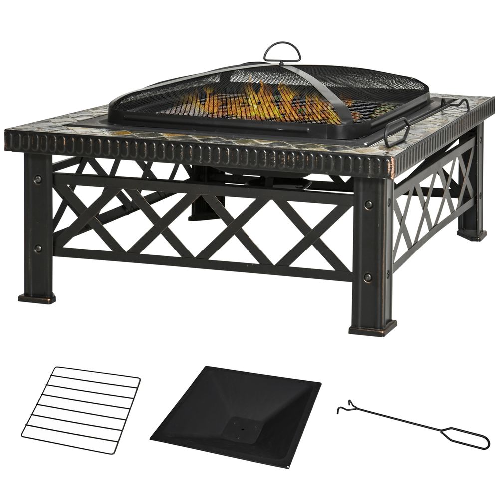 76cm Square Garden Fire Pit Square Table w/ Poker Mesh Cover Log Grate - SILVIONIX