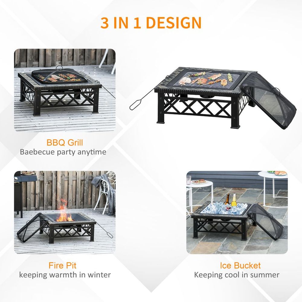 76cm Square Garden Fire Pit Square Table w/ Poker Mesh Cover Log Grate - SILVIONIX