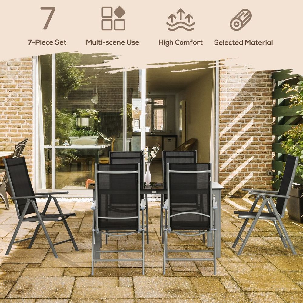 7pc Outdoor Dining Table and 6 Folding Chairs, Aluminium Patio Dining Set Black - SILVIONIX