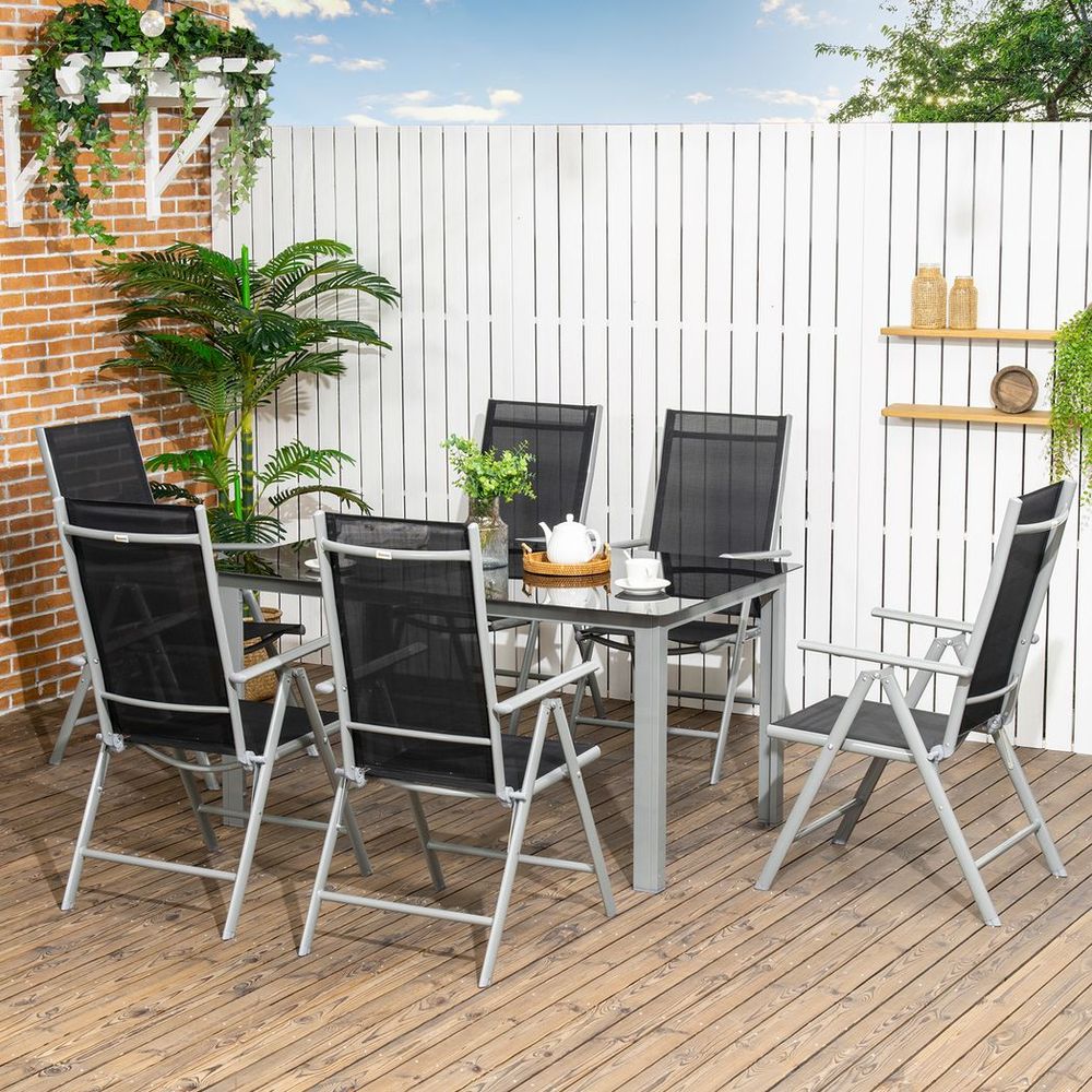 7pc Outdoor Dining Table and 6 Folding Chairs, Aluminium Patio Dining Set Black - SILVIONIX