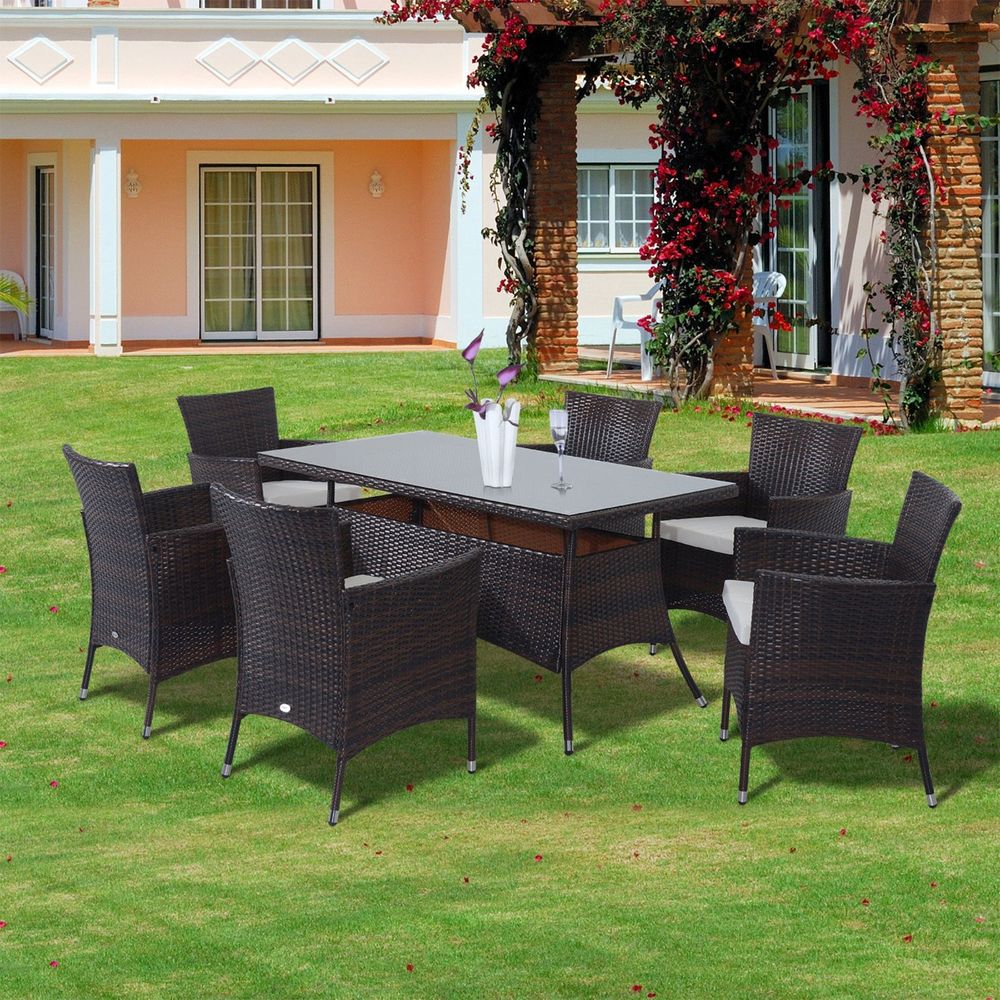 7Pc Rattan Garden Furniture Dining Set: 1 x Rectangular - SILVIONIX