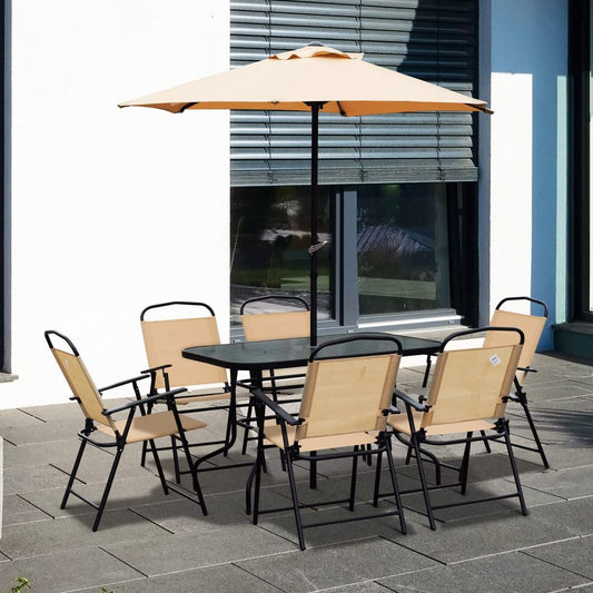 8 Pcs Dining Set W/Umbrella, Textilene - Beige - SILVIONIX